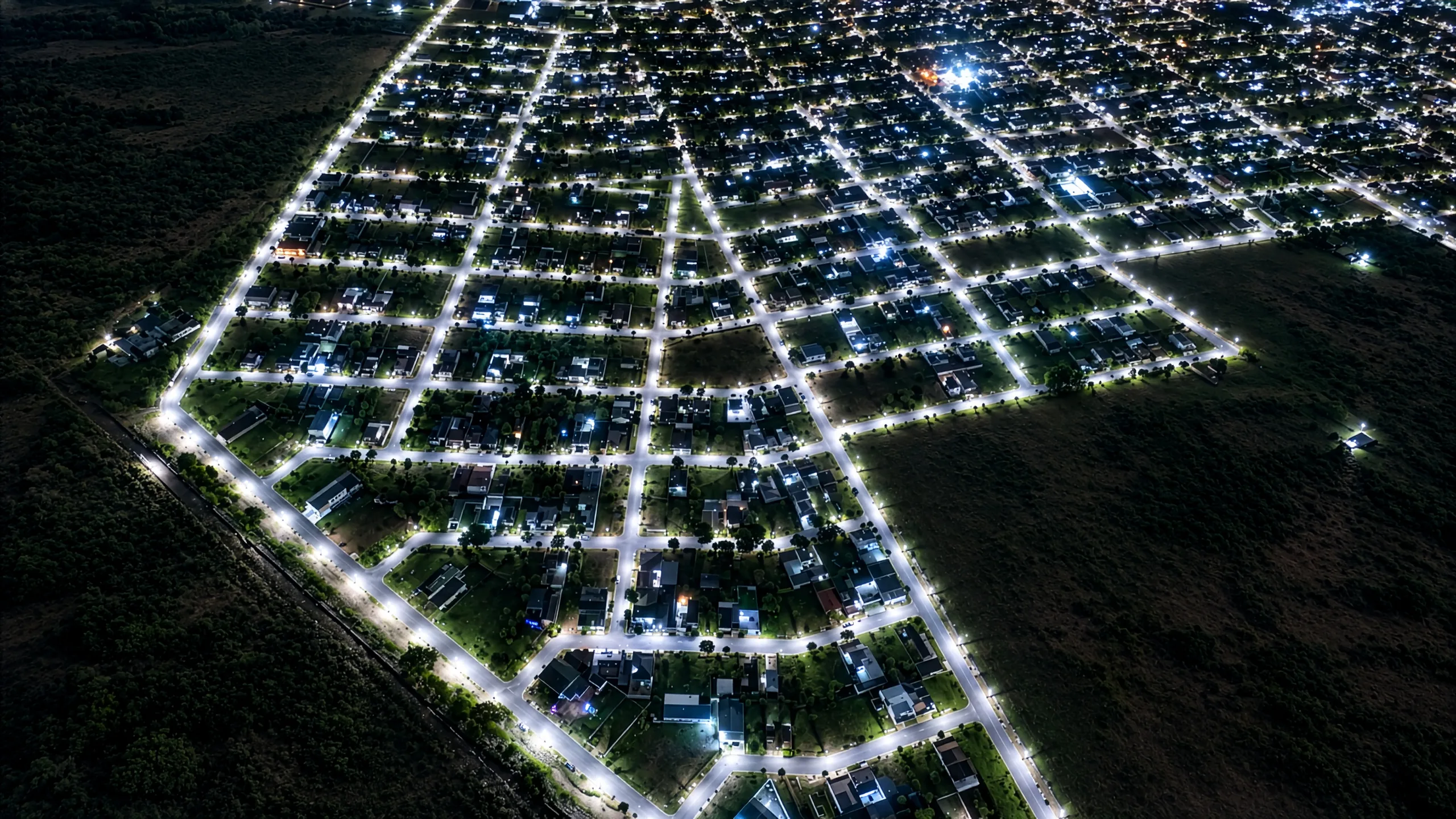 Vista aérea noturna de Santa Fé (PR) com ruas iluminadas por luminárias LED Projeluz